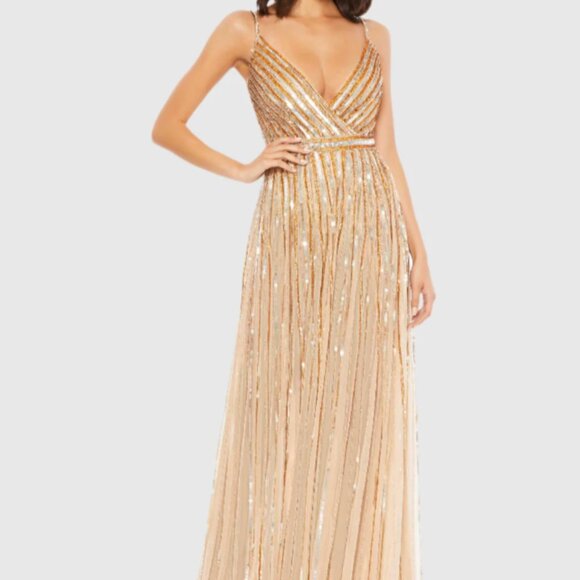 MAC DUGGAL 93801 SEQUINED WRAP OVER SLEEVELESS GOLD/NUDE GOWN sz 6 - Picture 3 of 7